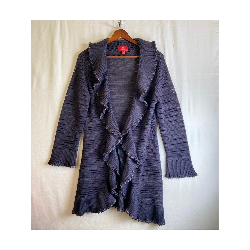 Oscar de la Renta Studio Ruffle Open Front Cardigan Grey Metallic Trim L